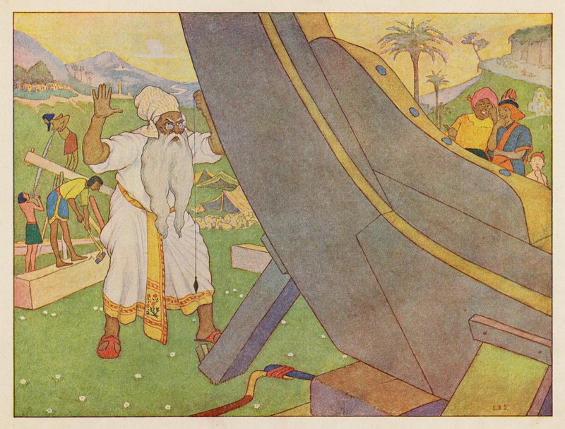 Nooan arkki: Arkin rakentaminen (värillinen litografia) tekijältä Elmer Boyd Smith