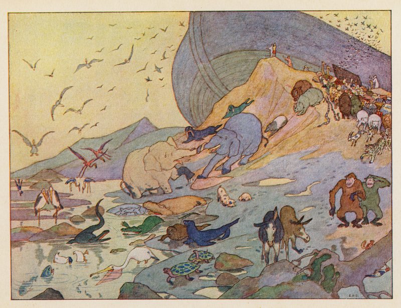 Nooan arkki: Poistuminen arkista (värilitografia). tekijältä Elmer Boyd Smith