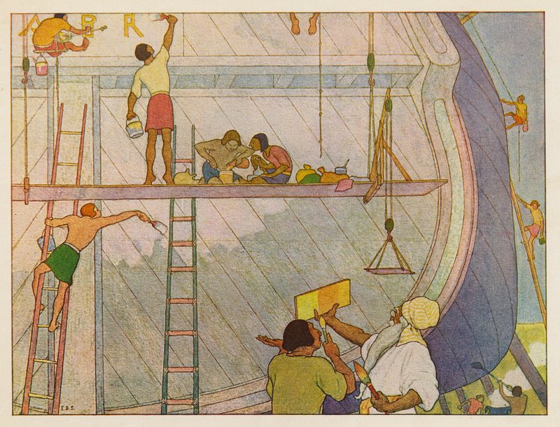 Nooan arkki: Arkin maalaaminen (värilitografia). tekijältä Elmer Boyd Smith