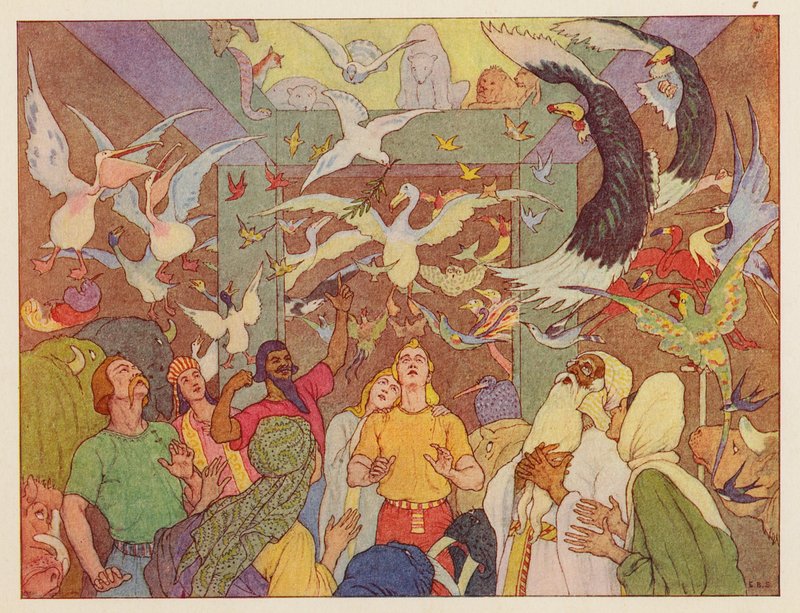 Nooan arkki: Kyyhkysen paluu (värilitografia). tekijältä Elmer Boyd Smith
