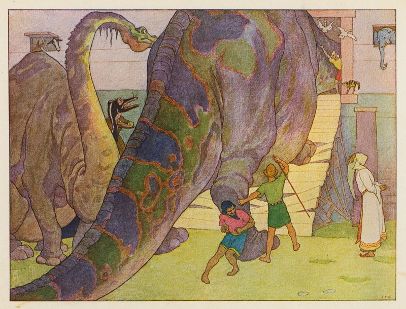 Nooan arkki: dinosaurusten dilemma (värillinen litografia) tekijältä Elmer Boyd Smith
