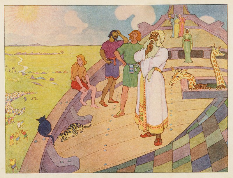 Nooan arkki: Odottaa sadetta (värilitografia). tekijältä Elmer Boyd Smith
