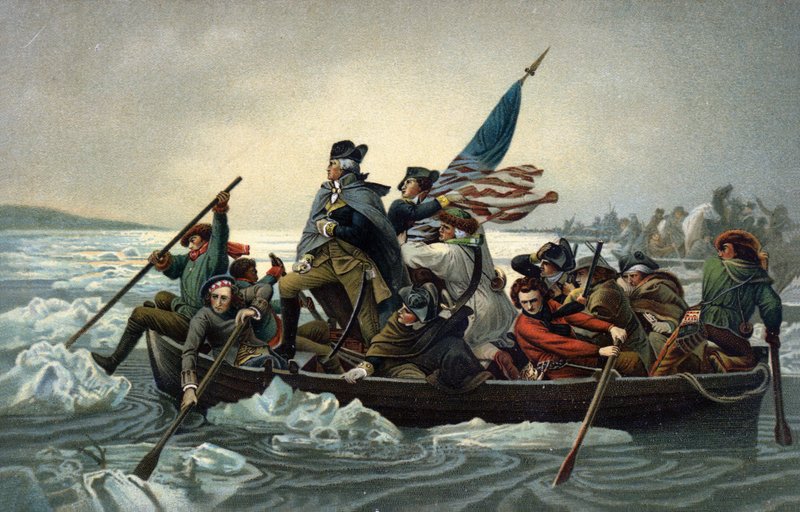 George Washington ylittämässä Delawaren Amerikan vapaussodan aikana, 25. joulukuuta 1776 (chromolitho) tekijältä Emanuel Gottlieb (after) Leutze