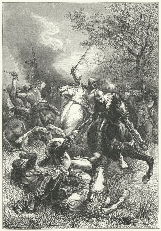 Cromwellin Ironsides taistelee Royalistisen ratsuväen kanssa Englannin sisällissodassa (kaiverrus) tekijältä Emile Antoine (after) Bayard