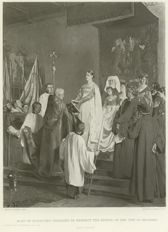 Maria Burgundy vannoo kunnioittavansa Brysselin kaupungin oikeuksia (syväpaino) tekijältä Emile Charles Wauters