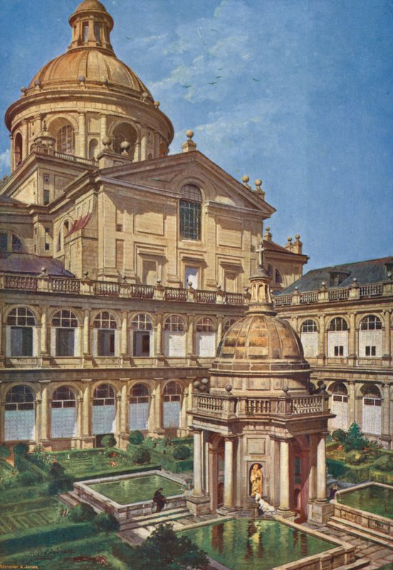Elscorial: Patio de Los Evangelistas (värilitografia) tekijältä Emilio Poy Dalmau