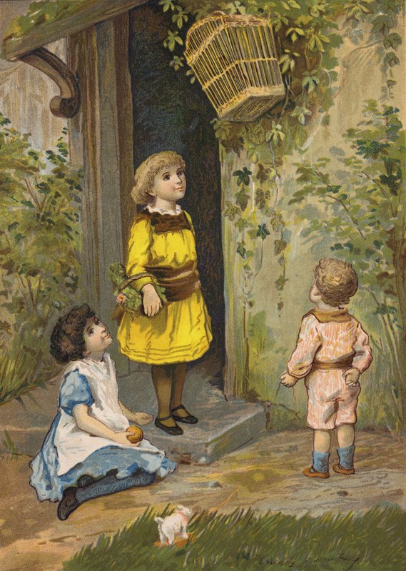 Lapset ihailevat riippuvaa koria (chromolitho) tekijältä Emily Jane Harding Andrews