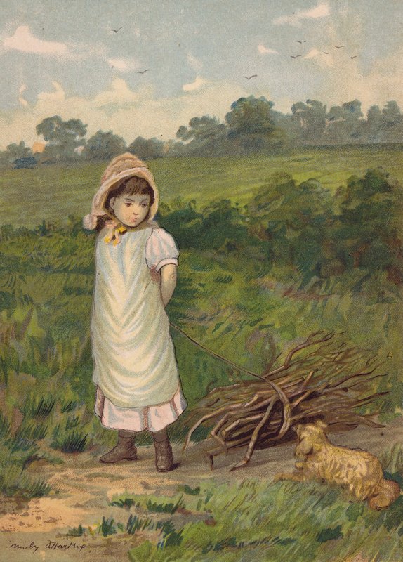 Tyttö kerää polttopuita lemmikkikoiransa kanssa (chromolitho) tekijältä Emily Jane Harding Andrews