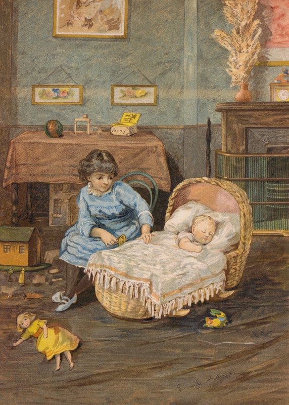 Tyttö katselee vauvaa pinnasängyssä (kromoliitti) tekijältä Emily Jane Harding Andrews