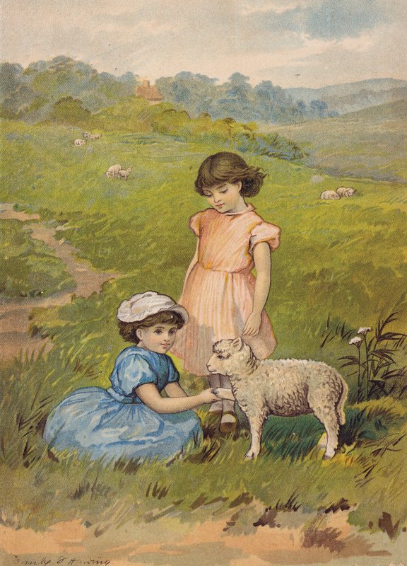 Kaksi tyttöä silittää karitsaa (chromolitho) tekijältä Emily Jane Harding Andrews