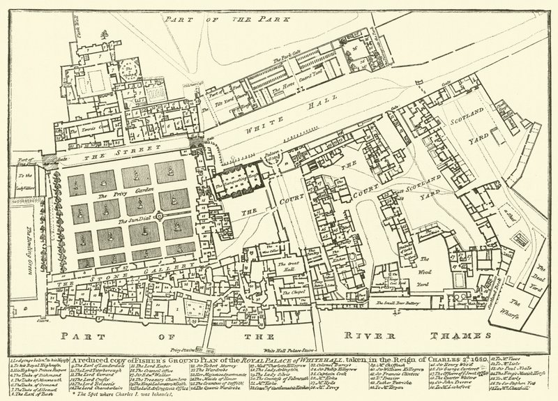 Pienempi kopio Fisherin Whitehallin kuninkaallisen palatsin pohjapiirroksesta, otettu Kaarlen 2. hallituskaudella, 1680 tekijältä English School