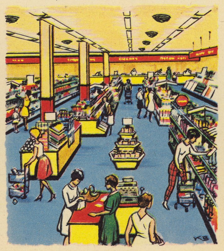 Varhainen itsepalvelumyymälä tai supermarket Britanniassa, n. 1950 tekijältä English School