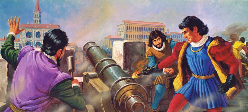 Benvenuto Cellini, kultaseppä, joka vastaa aseista tekijältä English School