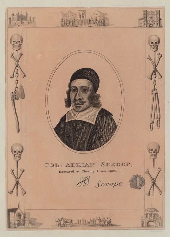 Eversti Adrian Scroop, teloitettu Charing Crossissa, 1660 tekijältä English School