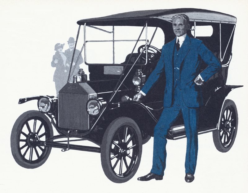 Henry Ford kuuluisalla Model T:llä, joka teki Fordille nimen ja omaisuutensa tekijältä English School