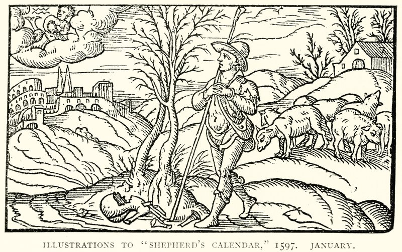 Kuvituksia Shepherds Calendar, 1597. Tammikuu tekijältä English School