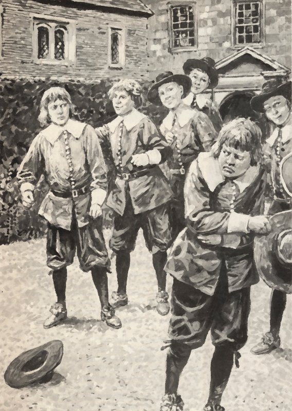 Isaac Newton (vasemmalla) lyötyään juuri koulukiusaajan tekijältä English School