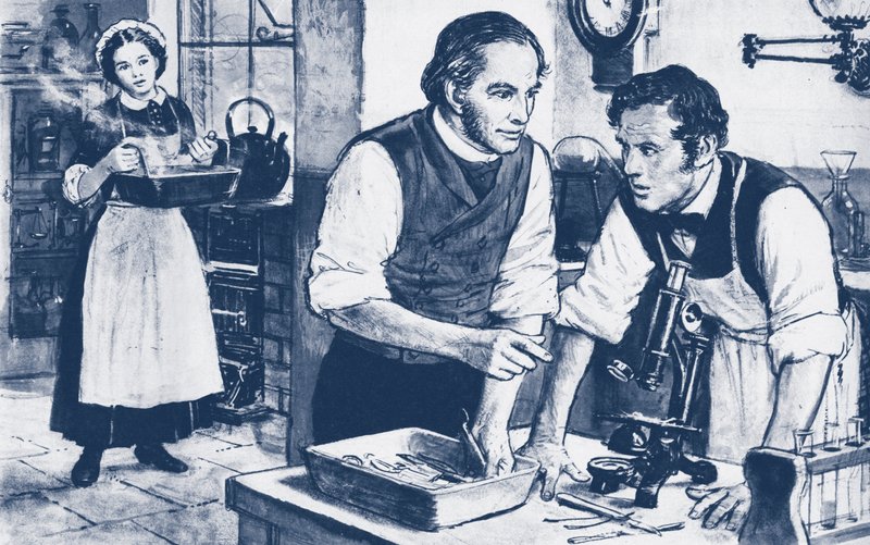 Joseph Lister näyttää mikrobeja pesemättömissä kirurgisissa instrumenteissa tekijältä English School