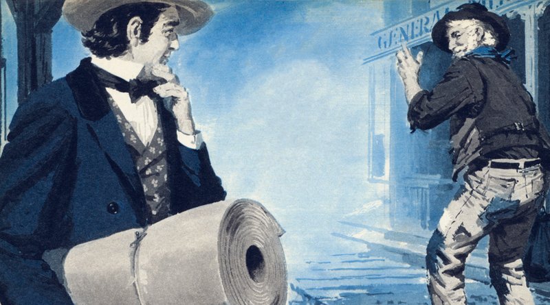 Levi Strauss kanvasrullansa kanssa saapumassa San Franciscoon tekijältä English School
