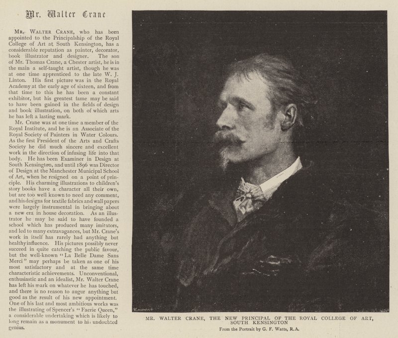 Walter Crane, South Kensingtonin kuninkaallisen taidekorkeakoulun uusi rehtori. tekijältä English School