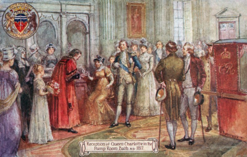 Kuningatar Charlotten vastaanotto pumppuhuoneessa, Bath, 1817 jKr tekijältä English School