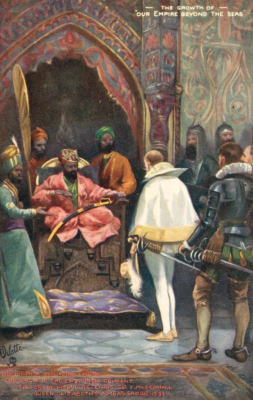 Itä-Intian Companyn alkuperä, Suuri Mogul, joka vastaanotti Sir J Mildenhallin kuningatar Elisabetin suurlähettilään, 1599 tekijältä English School