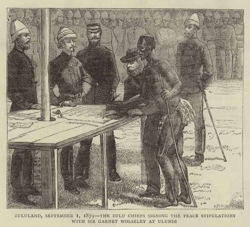 Zulumaa, 1. syyskuuta 1879, Zulujen päälliköt allekirjoittivat rauhanehdot Sir Garnet Wolseleyn kanssa Ulundissa tekijältä English School