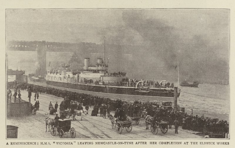 Muisto, HMS Victoria lähtee Newcastle on-Tynestä valmistuttuaan Elswick Worksissa tekijältä English Photographer