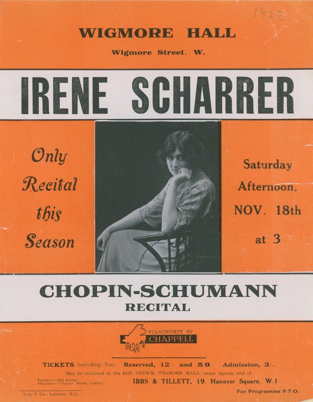 Mainos Chopin-Schumann-konserttiin, jossa esiintyy Irene Scharrer tekijältä English Photographer