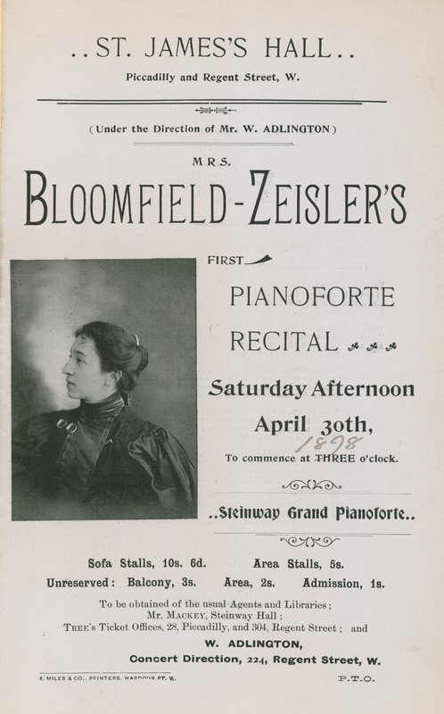 Mainos Fannie Bloomfield-Zeislerin konserttiin tekijältä English Photographer
