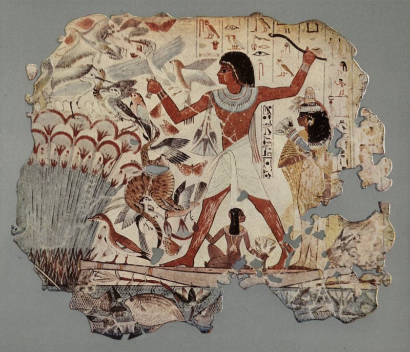 Egyptiläinen upseeri vaimonsa ja tyttärensä seurassa kalastamassa lintuja suolla, jossa on runsaasti vesilintuja ja kaloja (kuva). tekijältä English Photographer