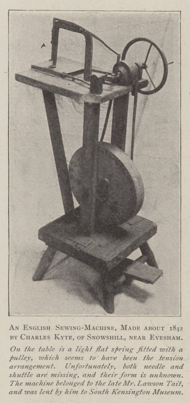 Englantilainen ompelukone, jonka teki noin 1842 Charles Kyte, Snowshillistä lähellä Eveshamia tekijältä English Photographer