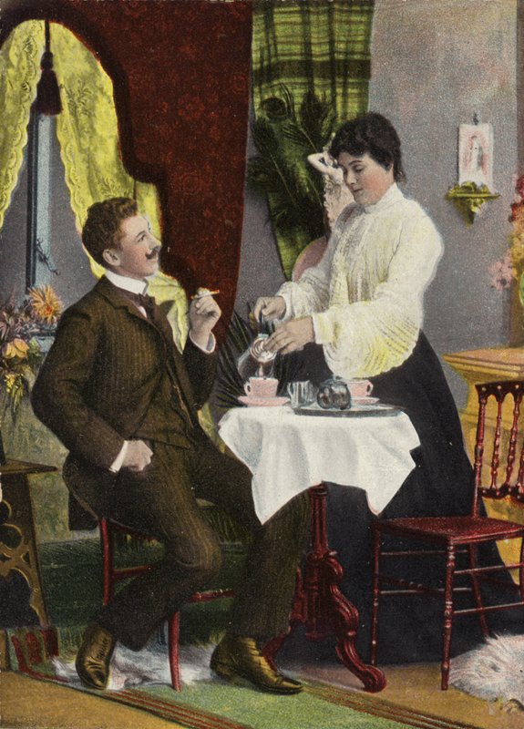 Pariskunta juo teetä yhdessä (chromolitho) tekijältä English Photographer