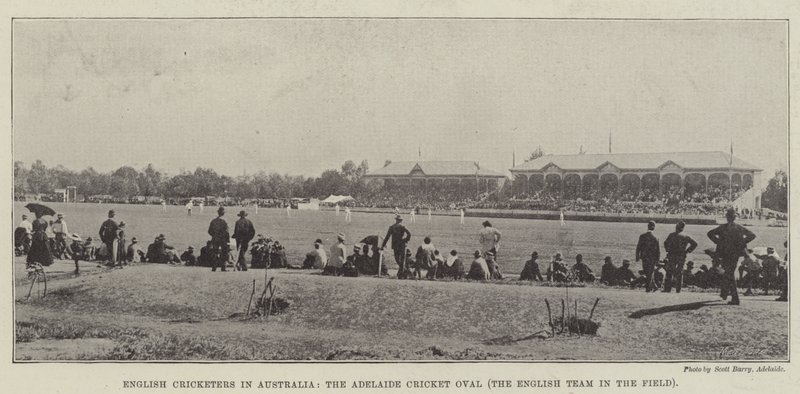 Englantilaiset krikettipelaajat Australiassa, Adelaide Cricket Oval, englantilainen joukkue kentällä tekijältä English Photographer