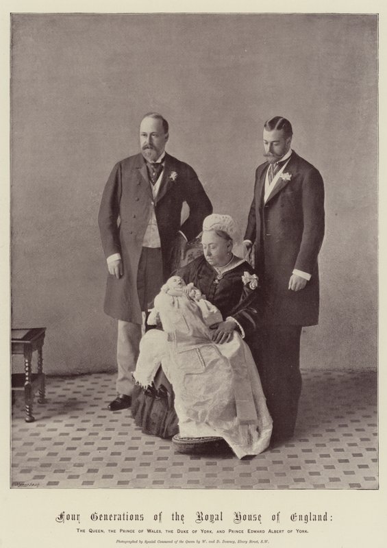 Englannin kuninkaallisen talon neljä sukupolvea, kuningatar, Walesin prinssi, Yorkin herttua ja Yorkin prinssi Edward Albert tekijältä English Photographer