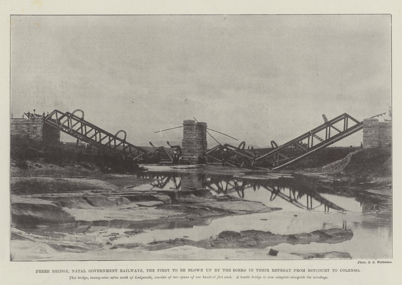 Frere Bridge, Natal Government Railways, ensimmäinen, jonka buurit räjäyttivät vetäytyessään Estcourtista Colensoon tekijältä English Photographer