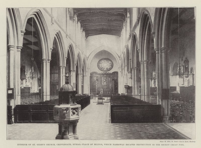 St Gilesin kirkon sisätilat, Cripplegate, Miltonin hautauspaikka, joka välttyi niukasti tuholta äskettäisessä suuressa tulipalossa tekijältä English Photographer