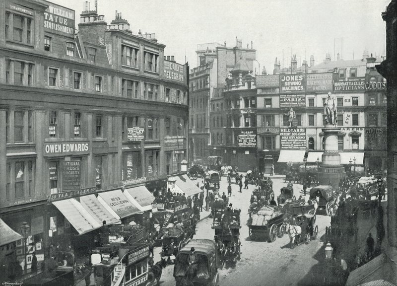 King William Street, Cannon Street End, jossa näkyy kuningas Williamin patsas (m/w kuva) tekijältä English Photographer