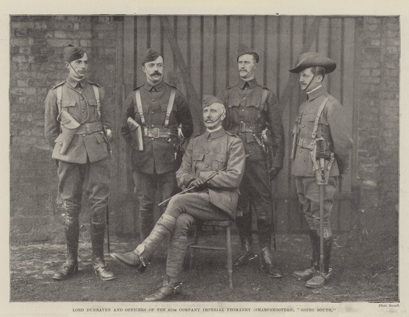 Lordi Dunraven ja Imperial Yeomanryn 67. komppanian upseerit (Sharpshooters) menevät etelään tekijältä English Photographer