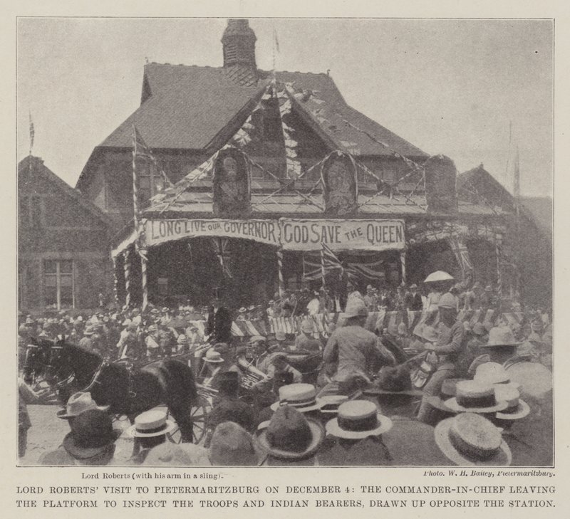 Lordi Robertsin vierailu Pietermaritzburgissa 4. joulukuuta, kun ylikomentaja poistui laiturilta tarkastaakseen joukkoja ja intiaanikantajien asemaa vastapäätä tekijältä English Photographer