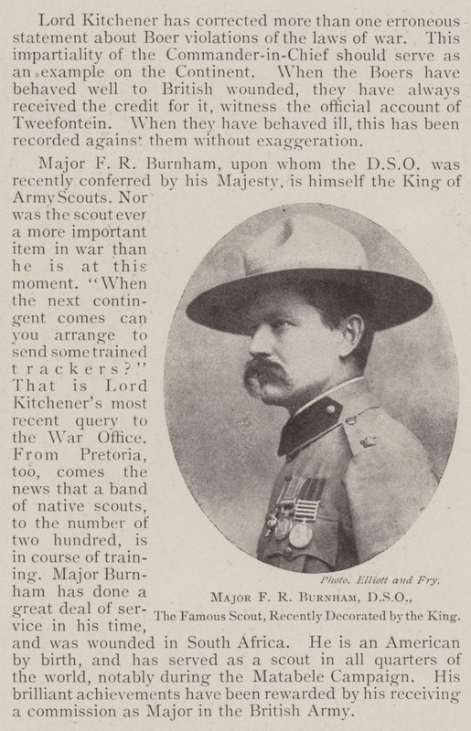 Majuri F R Burnham, DSO, kuuluisa partiolainen, kuninkaan äskettäin koristellut tekijältä English Photographer