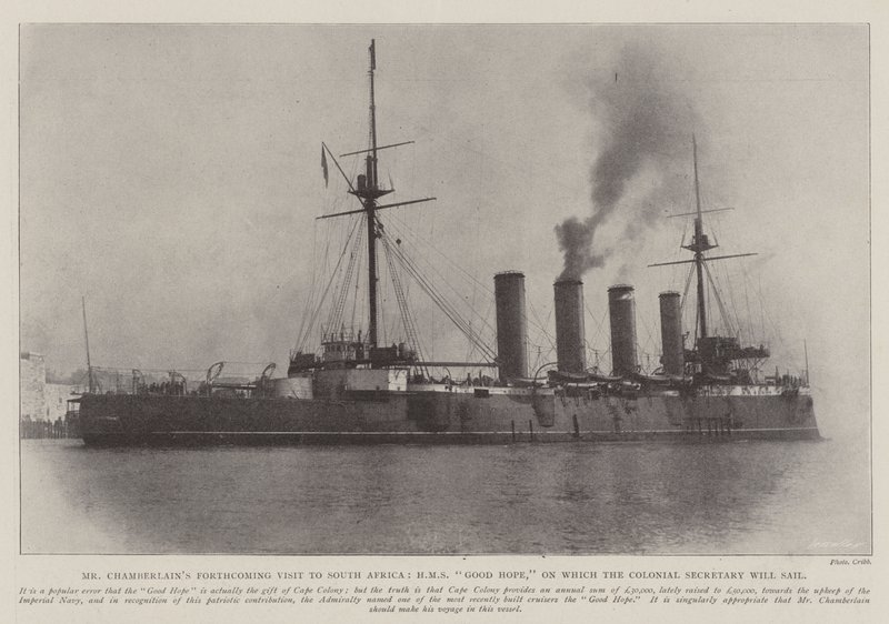 Mr Chamberlainsin tuleva vierailu Etelä-Afrikkaan, HMS Good Hope, jonne siirtomaasihteeri purjehtii tekijältä English Photographer