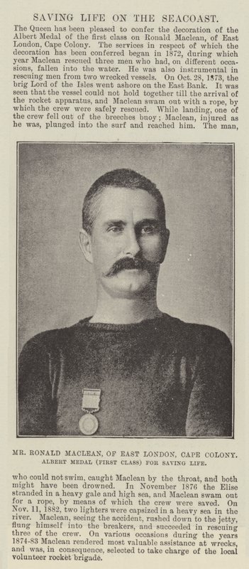 Ronald Maclean, East London, Cape Colony, Albert-mitali (ensimmäinen luokka) Saving Life tekijältä English Photographer