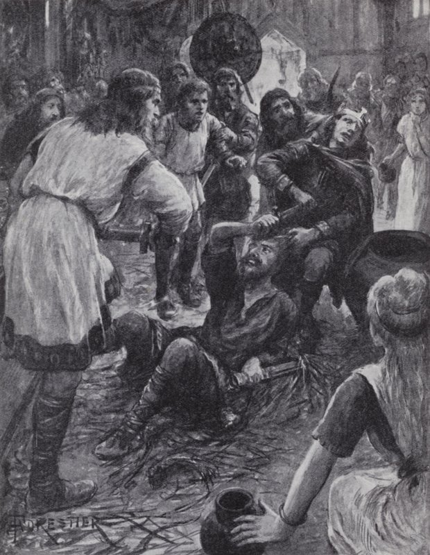 Kuningas Edmund I:n murha osallistuessaan Pyhän Augustinuksen päivän messuun Pucklechurchissa, Gloucestershiressä, 946 (litho) tekijältä English Photographer