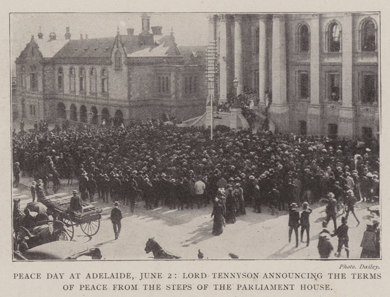Rauhanpäivä Adelaidessa, 2. kesäkuuta, Lord Tennyson ilmoittaa rauhanehdot parlamenttitalon portailta tekijältä English Photographer