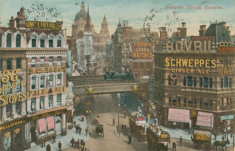 Postikortti Ludgate Circuksesta, Lontoo, lähetetty vuonna 1913 (käsin värjätty valokuva) tekijältä English Photographer