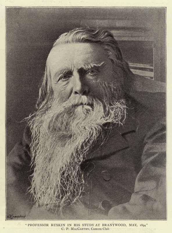 Professori Ruskin tutkimuksessaan Brantwoodissa toukokuussa 1894 tekijältä English Photographer