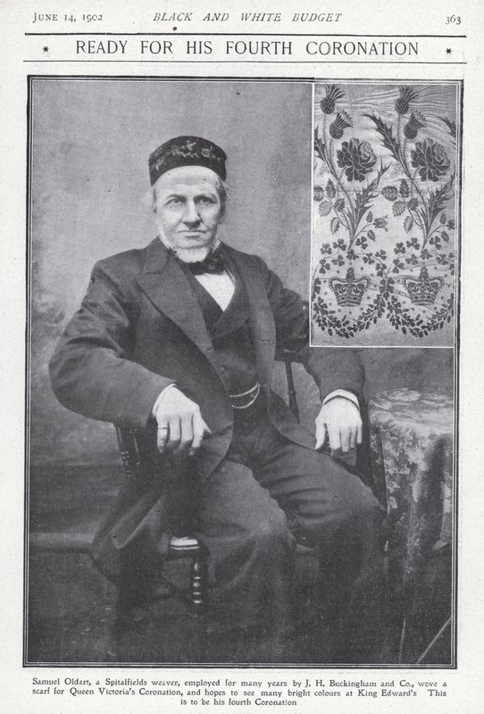 Samuel Oldart, kutoja Spitalfieldsistä Lontoosta, joka kutoi huivin kuningatar Victorian kruunajaisjuhliin (m/v kuva) tekijältä English Photographer