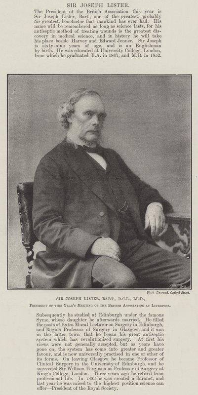 Sir Joseph Lister, Baronet, DCL, LLD, British Associationin tämän vuoden kokouksen puheenjohtaja Liverpoolissa tekijältä English Photographer
