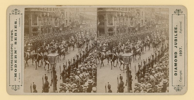 Stereoskooppinen printti Queen Victorias Diamond Jubileesta 28. kesäkuuta 1897 tekijältä English Photographer